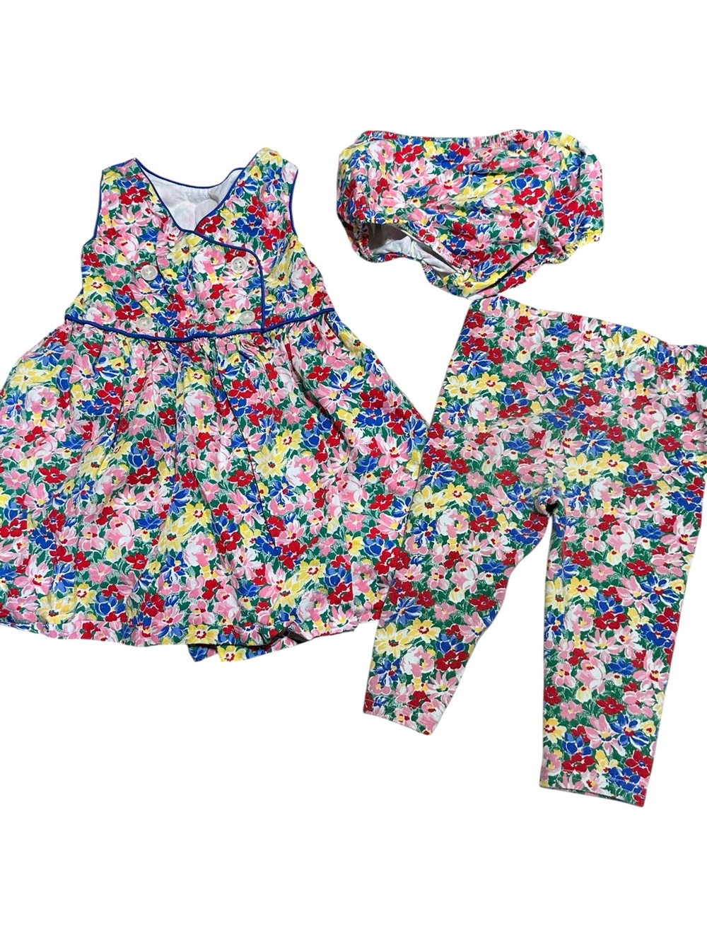 Ralph Lauren Multicolor Floral Dress with Blue Trim bloomers pants set 12 month